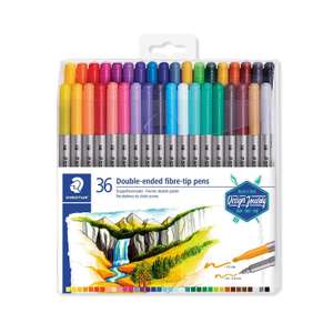 STAEDTLER 3200 TB36 Design Journey Double-Ended Fibre-Tip Pens with Thin & Wide Nibs - Assorted Colours (Pack of 36