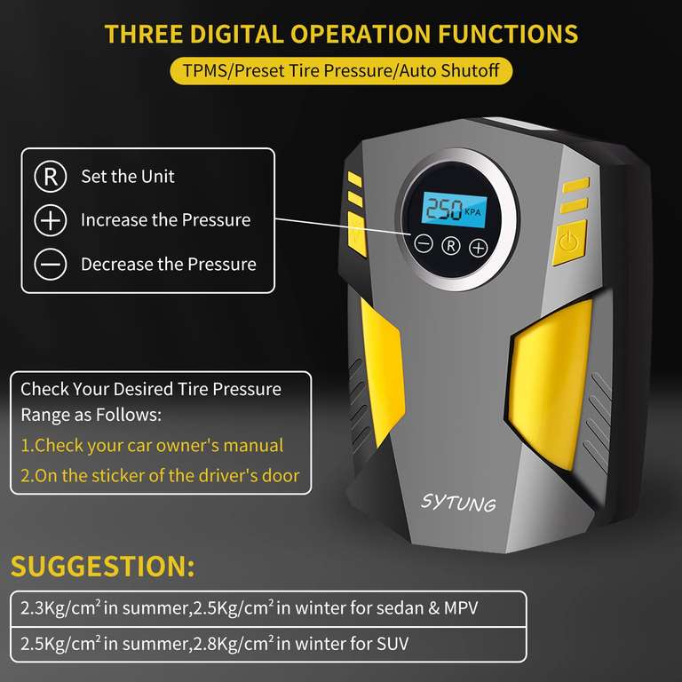 SYTUNG Digital Tyre Inflator, Portable Air Compressor Car Tyre Pump with 3 Nozzle Adaptors and Digital LED Light W/voucher by Sytung UK FBA