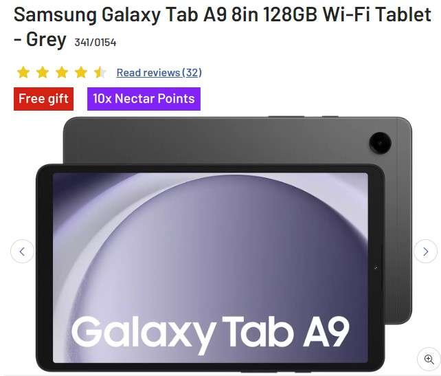 Samsung Galaxy Tab A9 Tablet, Android, 8GB RAM, 128GB, Wi-Fi, 8.7" + FREE Samsung Tab A9 Book Cover + £8 worth Nectar pts. Collect in store.
