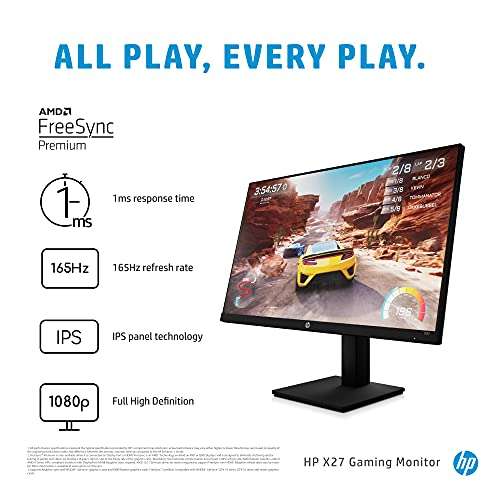 HP X27 (27" ) FHD IPS Gaming Monitor, 1ms / 165Hz refresh /AMD Freesync Premium /HDMI 2.0 /Height,Tilt and Pivot w/code