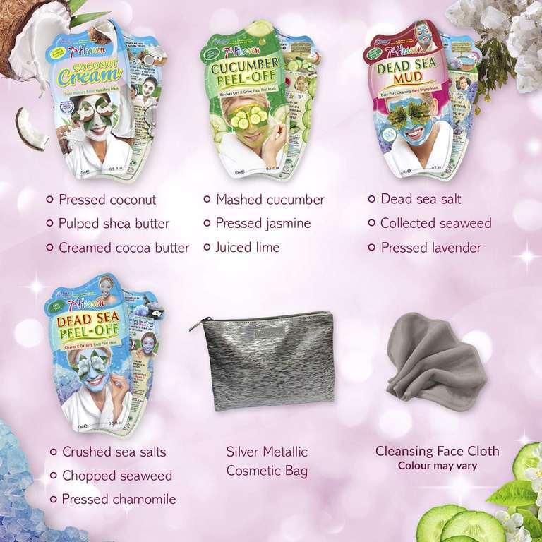 7th Heaven Pamper & Party Skincare Set - 10 x Face Masks, Silver Make Up Bag & Cleansing Face Cloth - Sold by 7th Heaven UK FBA