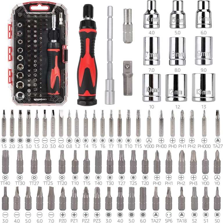 Amazon Basics Magnetic Ratchet Screwdriver Set with Wrench and Electronics Precision Bits, 73 Pieces - Black/Red/Silver