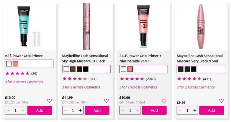 3 for 2 Across Cosmetics, prices start from £1.25 + Free Click & Collect