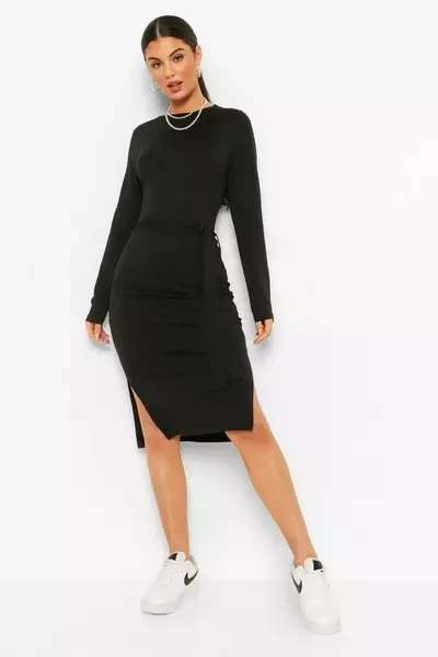 Long Sleeve Belted Midi Dress now £7 with Free Delivery Code Sold & delivered by boohoo @ Debenham