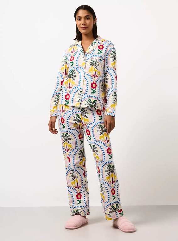 White Tropical Print Jersey Traditional 100% Cotton Pyjama M - Free C&C
