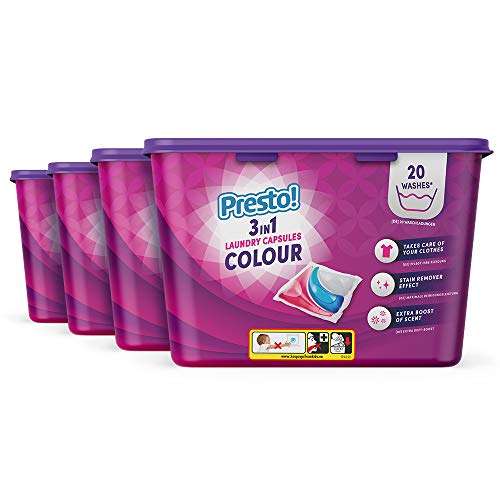 Amazon Brand - Presto! Colour / White Laundry Capsules 3-in-1, Pack of 4 x 20 - 80 Washes £11.78 / £11.19 S&S @ Amazon