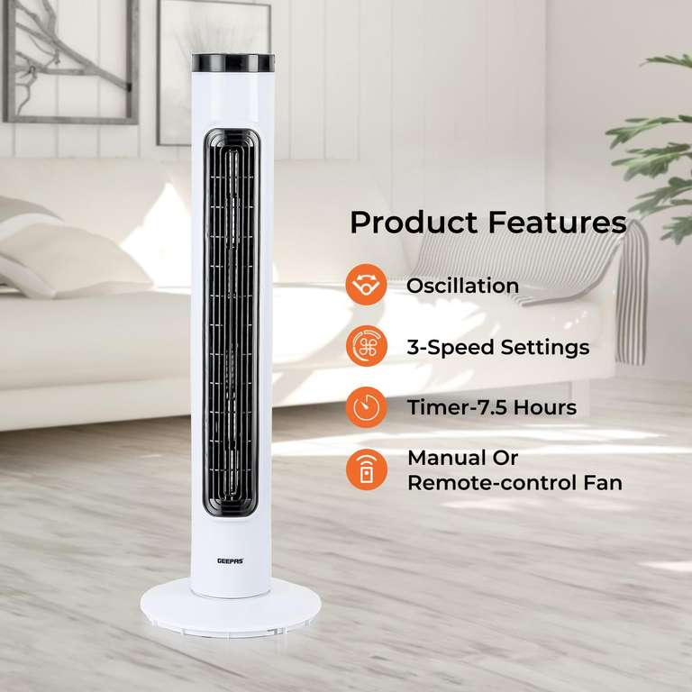 32-Inch Oscillating Tower Fan with 3 Speed Settings and Remote Control - 2 Year Warranty - £27.89 Delivered With Code Stack @ Geepas
