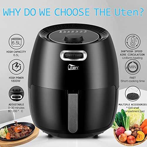 Uten Air Fryer Oven, Air Fryers 6.5L Uten Oil Free Fryer with Temperature Control and Timer, with Partition & Bracket 1800W £68.26 @ Amazon