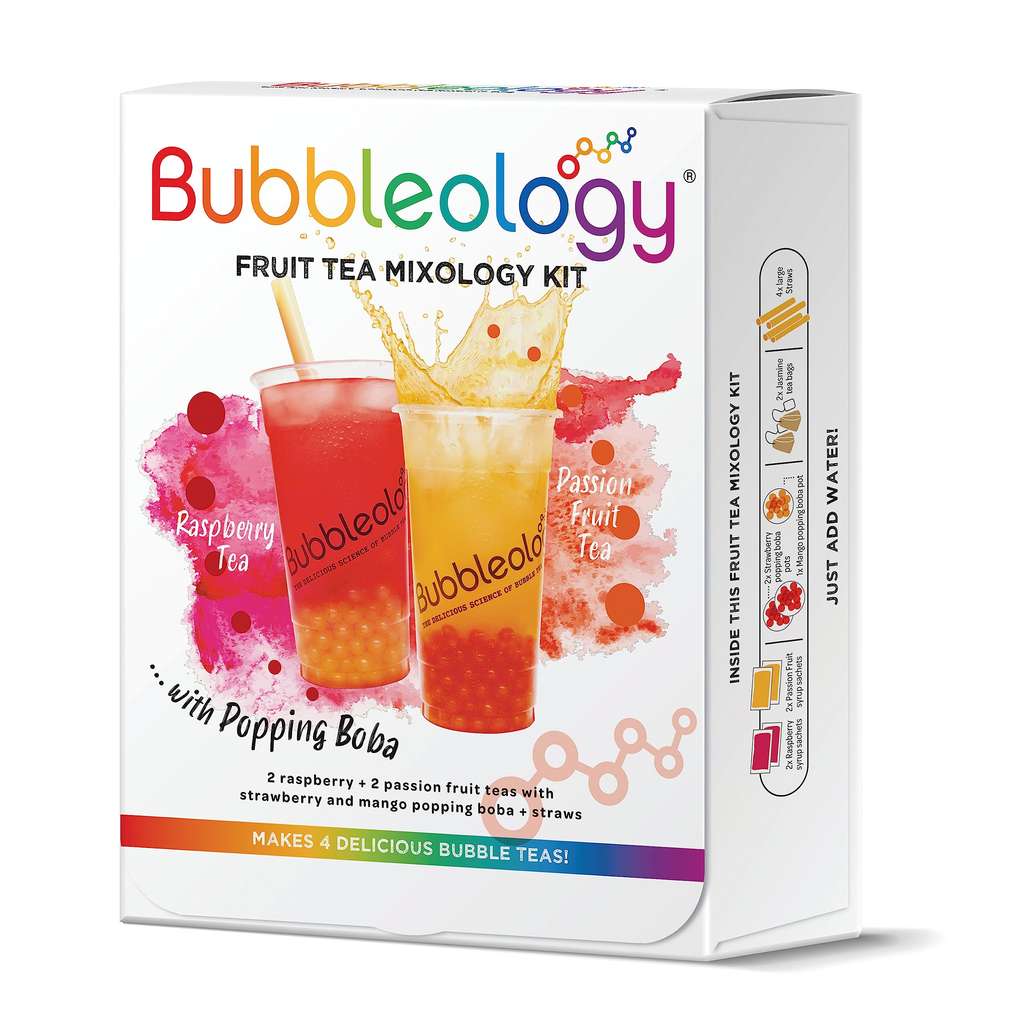 Fruity Bubble Tea Kit Gift Box | 3 Servings | Passion Fruit Syrup,  Strawberry Popping Boba, Tea Bags and Paper Straws | Bubble Tea at Home