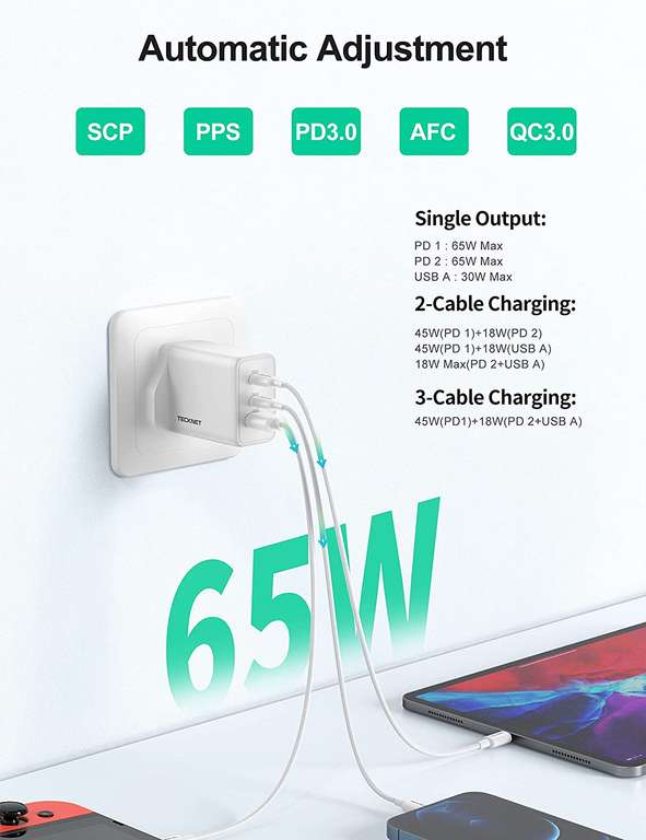 TECKNET USB C Charger Plug, 65W 3-Port GaN Type C PPS PD Fast Power Charger Sold by Yellowdog-EU FBA