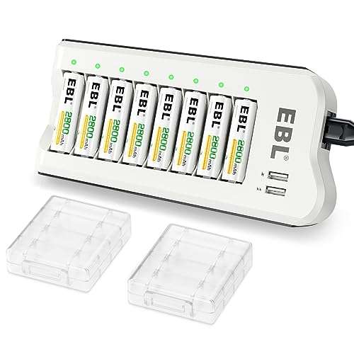 EBL Upgraded 8 Bays AA AAA Battery Charger with USB Ports and 8 Counts 2800mAh AA Batteries @ EBL Stores / FBA