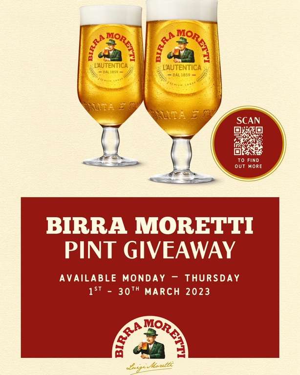 Free Birra Moretti when you buy one - voucher sign up, various venues (70,000 free pints) @ Heineken