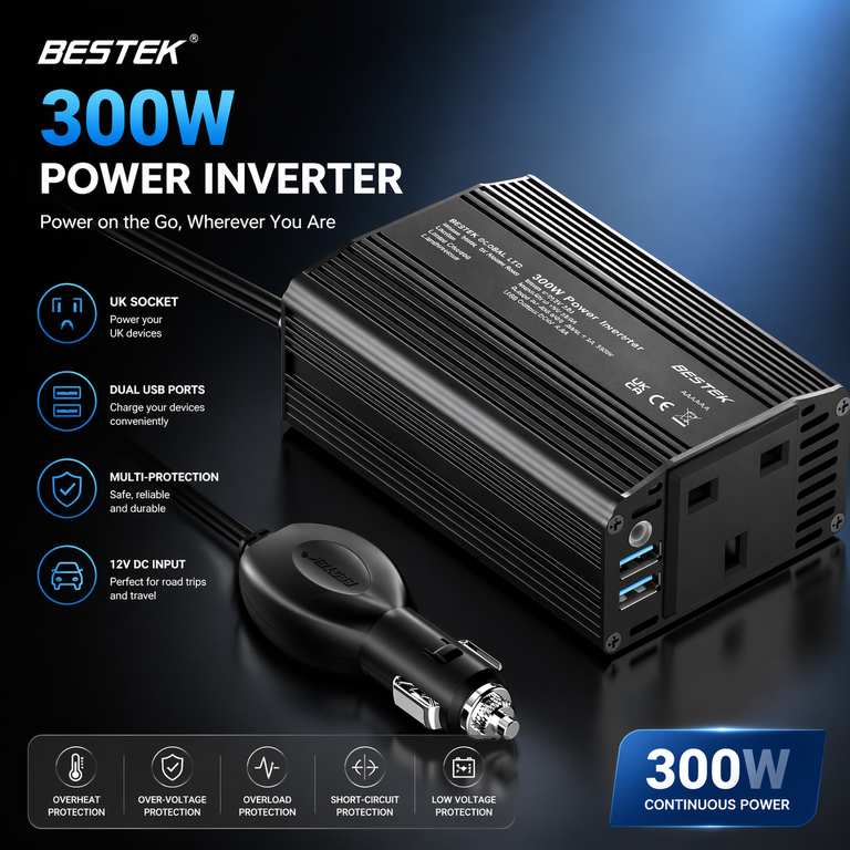 BESTEK 300W Car Power Inverter 12V to 230V/240V Transformer with 3-Pin Plug & Dual USB Ports