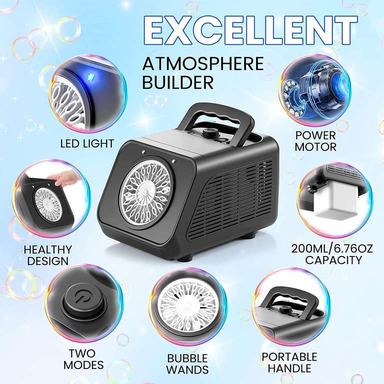 Machine à Bulles Rechargeable Télécommande, 360°, 20000+ Bulles/Min, LED 7 Couleurs, USB-C, 420 ml - TV Son Photo