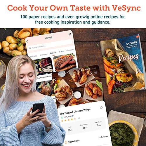 COSORI 5.5L Smart Air Fryer Oven, 200 Recipes(Cookbook & Online), APP Control, Square & Removable Basket, 13 Cooking Functions, Roast, Bake
