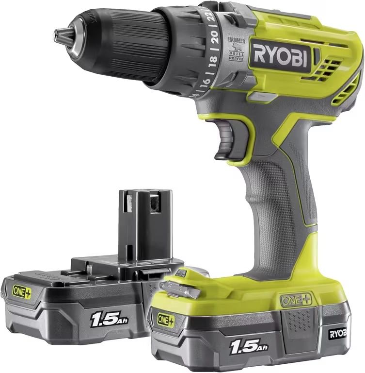RYOBI 18 V ONE plus Cordless Combi Drill Starter Kit, With 2 x 1.5 Ah Batteries