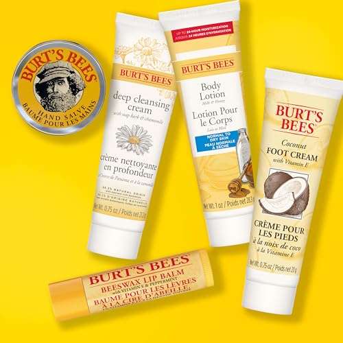Burt's Bees Essential Gift Set, Lip Balm, Hand Salve, Body Lotion, Foot Cream & Face Cleanser, 5 Travel Size Products