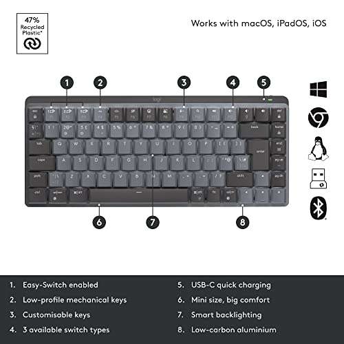 Logitech MX Mechanical Mini Wireless Illuminated Keyboard, Tactile Quiet Switches, Backlit, Bluetooth, USB-C - QWERTY English Layout - Grey