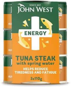 John West Energy No Drain Tuna Steak with Springwater 3 X 110g £3 @ Amazon (£2.55/£2.85 s&s)