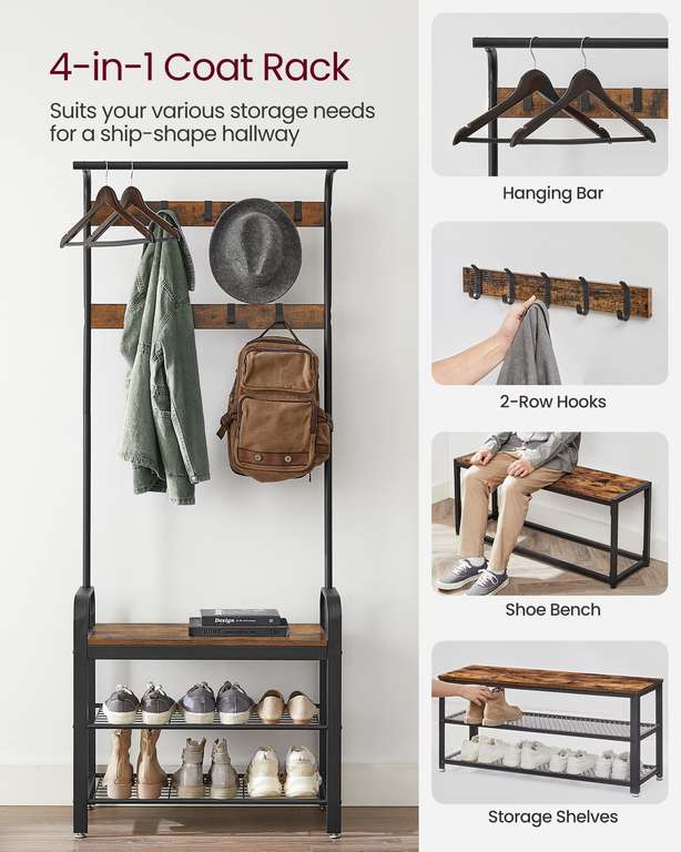 VASAGLE Coat Rack, Coat Stand with Shoe Storage Bench, 4-in-1 Design, with 9 Removable Hooks, a Clothes Rail, sold & shipped by SONGMICS UK