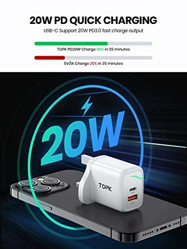TOPK 20W 2 Ports PD & QC 3.0 USB C Fast Charger Wall Plug Adapter USB C Plug - £6.99 With Voucher @ TOPKDirect / Amazon