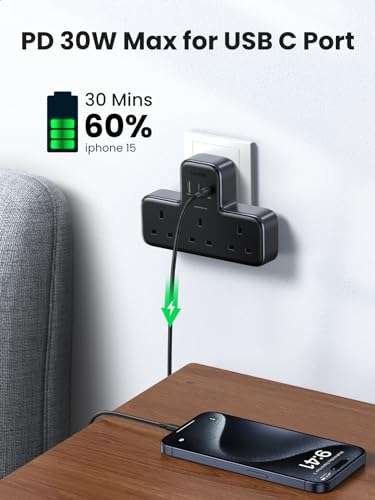 UGREEN Plug Adapter with USB Slots, 3-Way Wall Extender at £14.99 via ...