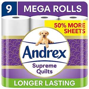 Andrex Supreme Quilts Mega Toilet Roll - 9 Mega Rolls (13.5 Standard), 3-ply, 25% Thicker Paper (£7.13 with S&S)