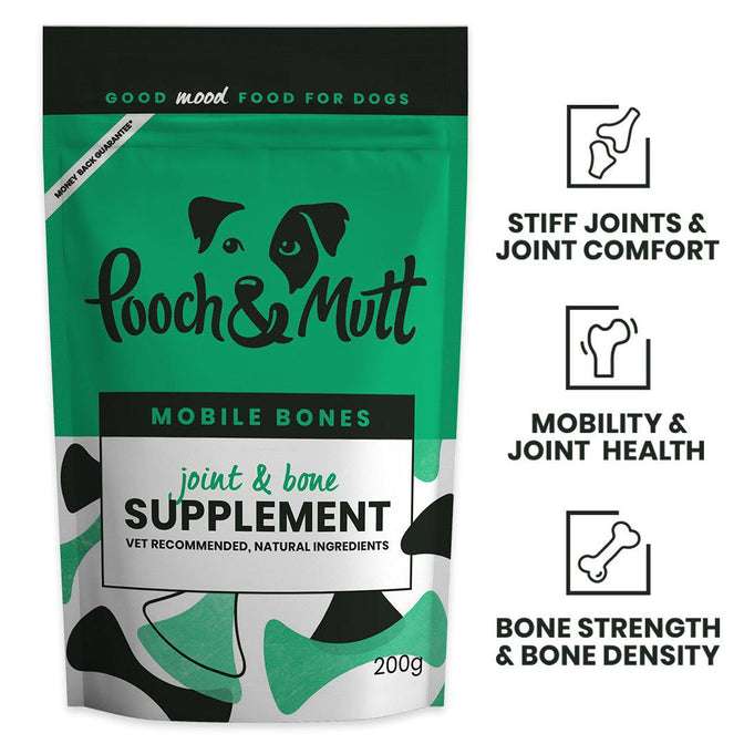 1 x Pack of Pooch & Mutt Mobile Bones Joint and Bone Supplement for Dogs 200g w/ code (BB 30/06/2024)