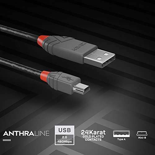 LINDY 36720 0.2m USB 2.0 Type A to Mini-B Cable, Anthra Line, Black - £1.58 @ Amazon