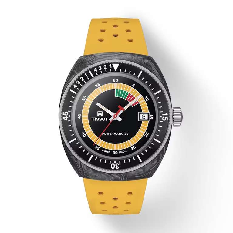 Tissot Sideral S Powermatic Men's Black Dial & Yellow Rubber Strap Watch - w/Code