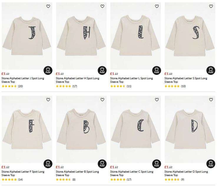 Kids Stone Alphabet Letter (A - Z ) Long Sleeve Top £1 (£0.90 Members price) + Free Click & Collect @ George Asda