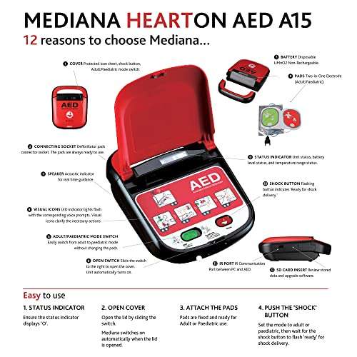 Reliance Medical Mediana A15 HeartOn AED Unit - Adult/Paediatric Mode Switch - Defibrillator Unit for Home, Schools, Clubs and Groups