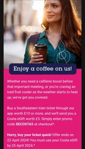 £5 Costa voucher with £10 Southeastern Trains ticket purchase in app