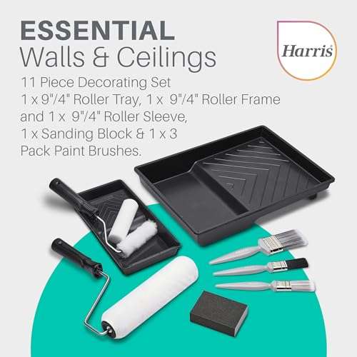 Harris Walls & Ceilings Essentials Decorating Set - 11 Pieces (9" Roller Sleeve, 4" Roller Sleeve, Sanding Block & 3 Pack Paint Brush)