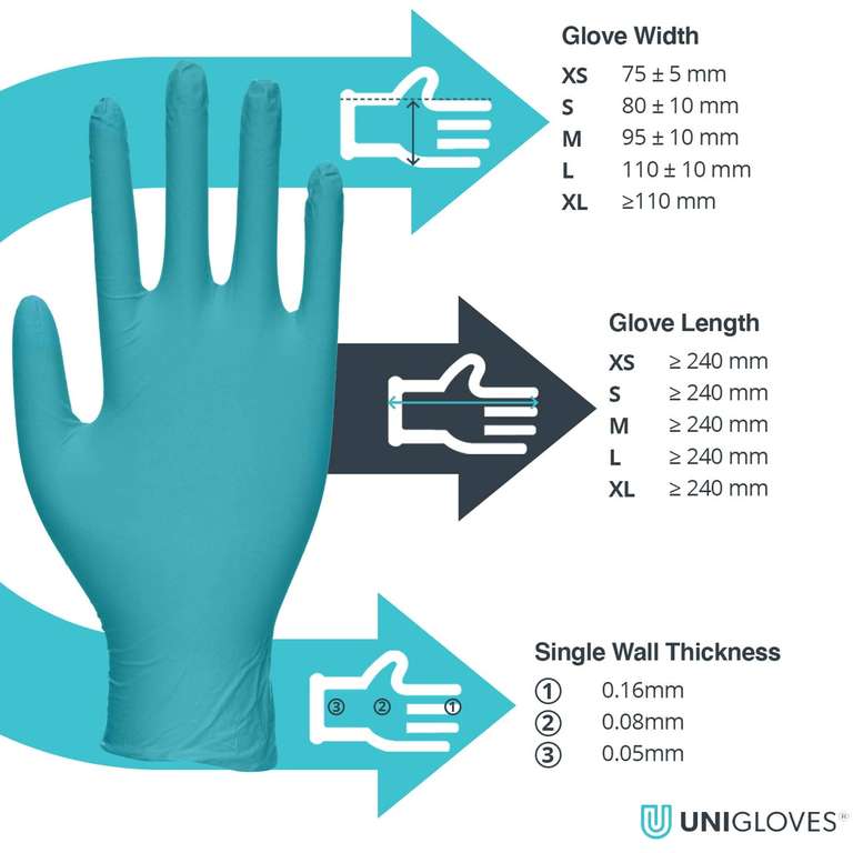 Unigloves Unitrile GS0053 Examination - Multipurpose, Powder Free and Latex Free Disposable Gloves, Box of 100 Gloves (M/L/XL)