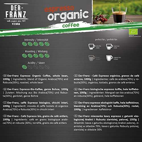 DER-FRANZ Espresso Organic Coffee, Whole Bean, 1000g - £8.48 / £7.21 Subscribe & Save (Prime Exclusive) @ Amazon
