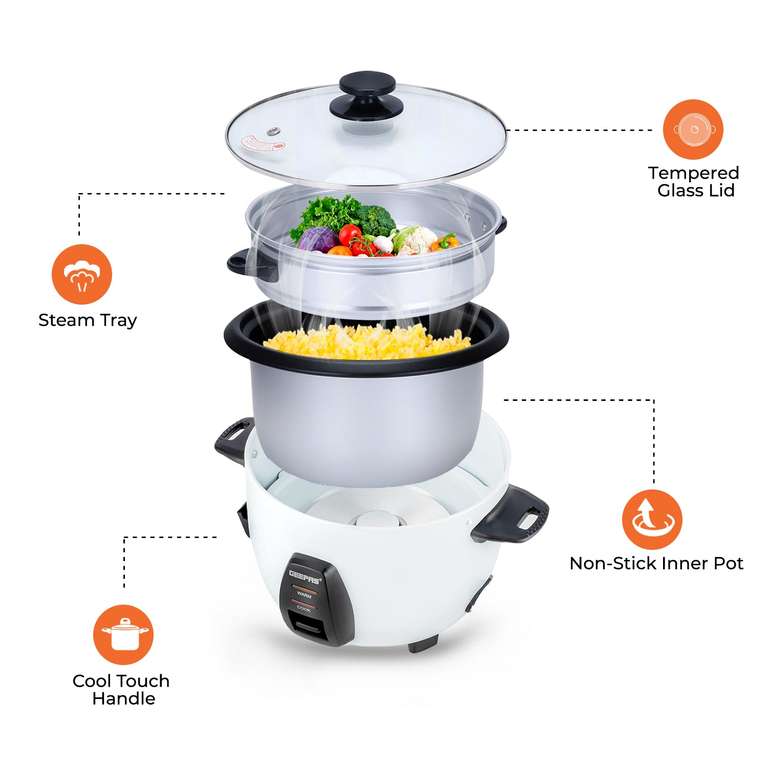 Geepas 3-In-1 'Smart Steam' Rice Cooker and Steamer 0.6L - Tempered Glass Lid - 2 Year Warranty - Delivered With Code Stack