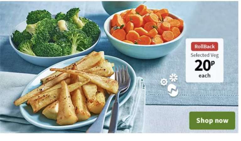 Broccoli 360g / Carrots 1kg / Parsnips 500g / 3 pack Onions / 4 baking potatoes - 20p @ Asda