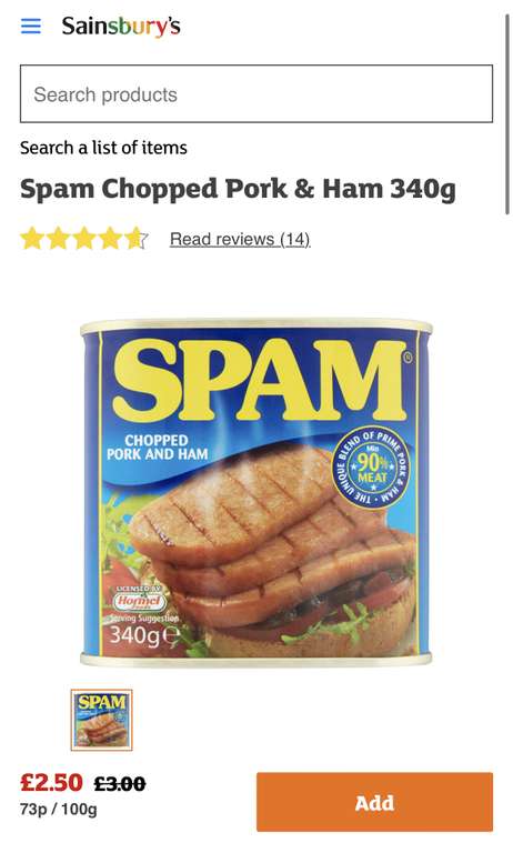 Spam Chopped Pork & Ham 340g (Gluten Free) £2.50 @ Sainsbury's