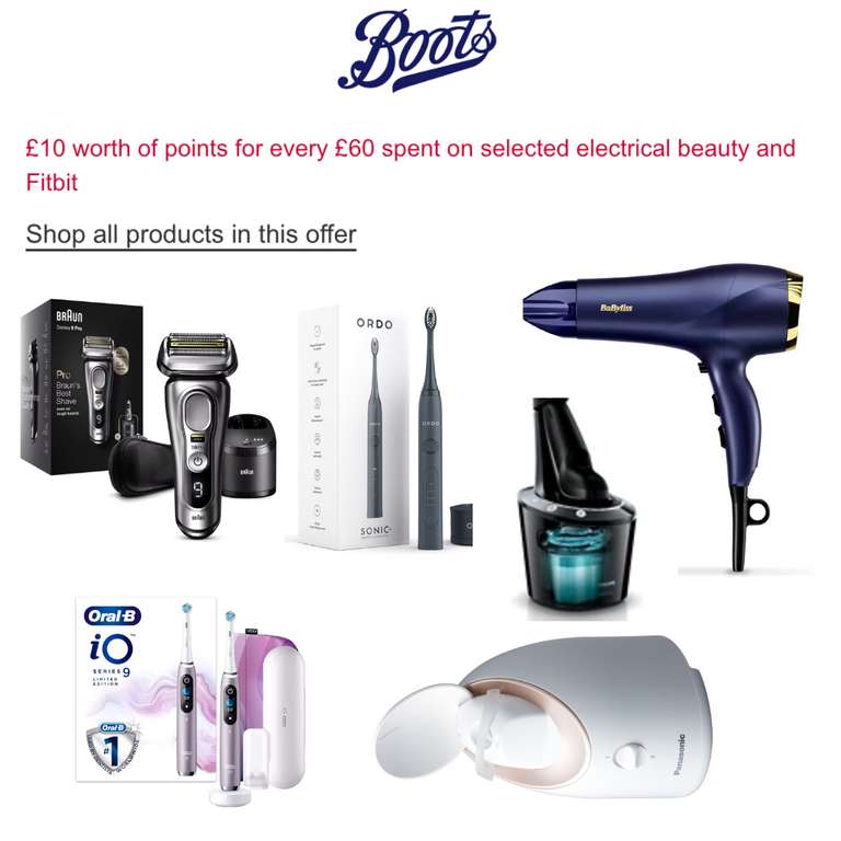 £10 of Points for every £60 spend on selected Electrical Beauty - Online only + Free Delivery - @ Boots