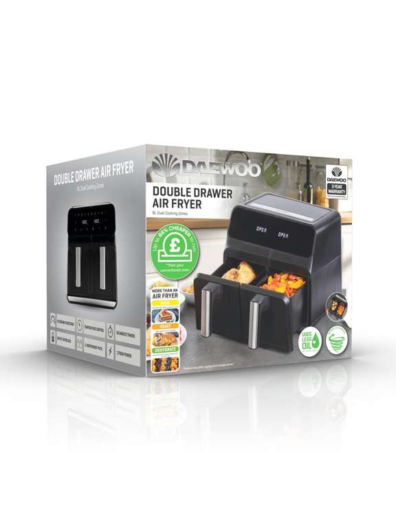 Daewoo XL 8L Digital Double/Dual Drawer Air Fryer Match Cook/Sync Finish - 3 Year Warranty - £99 (Free Click & Collect) @ Very