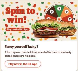 Burger King Spin to Win - Guaranteed 100 bonus points or better via spinning the wheel @ Burger King