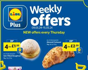 Jam Filled Daughnut 4 for £1.20 and Almond Croissants 4 for £2.20 with Lidl Plus