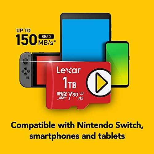 Lexar PLAY 1TB microSDXC UHS-I-Card, Up To 150MB/s Read, LMSPLAY001T-BNNNU Sold by Amazon US