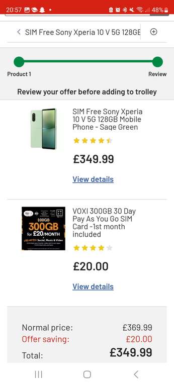 SIM Free Sony Xperia 10 V 5G 128GB Mobile Phone - Sage Green