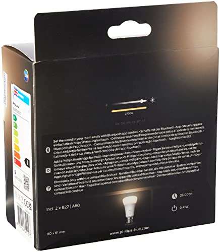 Philips Hue White Smart Bulb Twin Pack LED [B22 Bayonet Cap] - 806 Lumens (60W equivalent) - £10.74 @ Amazon