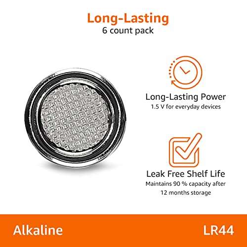 Amazon Basics LR44 Alkaline Button Coin Cell Batteries, Pack of 6