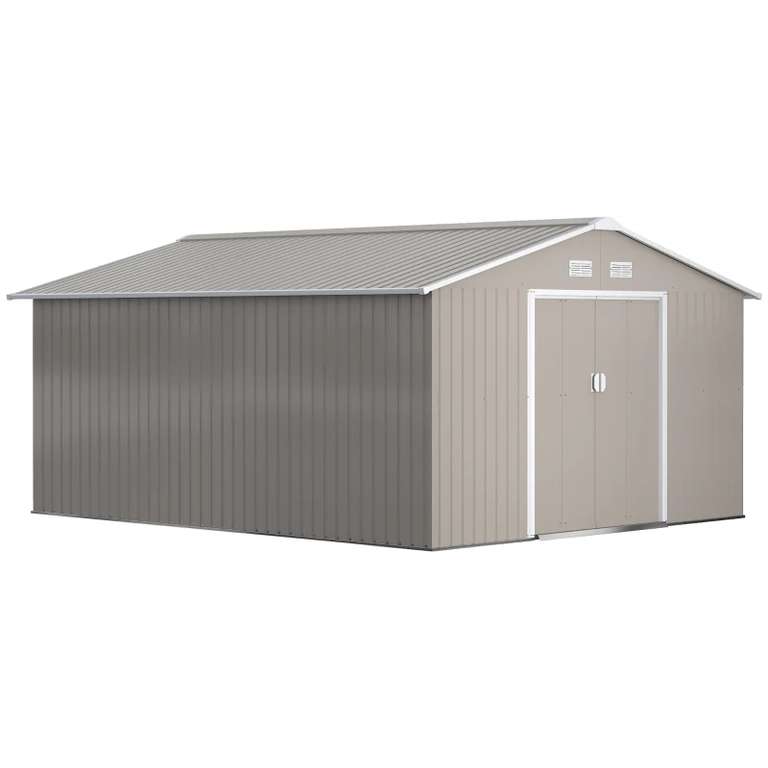 Outsunny 13 x 11ft Garden Metal Storage Shed Outdoor Storage Shed with Foundation Ventilation & Doors, Light Grey w/code