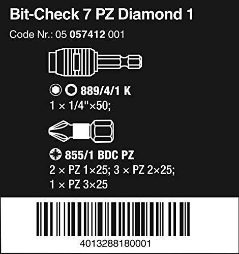 Wera Bit Check 7 PZ Diamond 1 Anti Cam-out BiTorsion Long Life bit set for drill/drivers, Pozidriv 7 piece, 05057412001