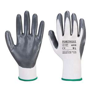 Portwest A310 Flexo Grip Nitrile Gloves Grey/White, Abrasion Resistant, Breathable Liner Size M & XL